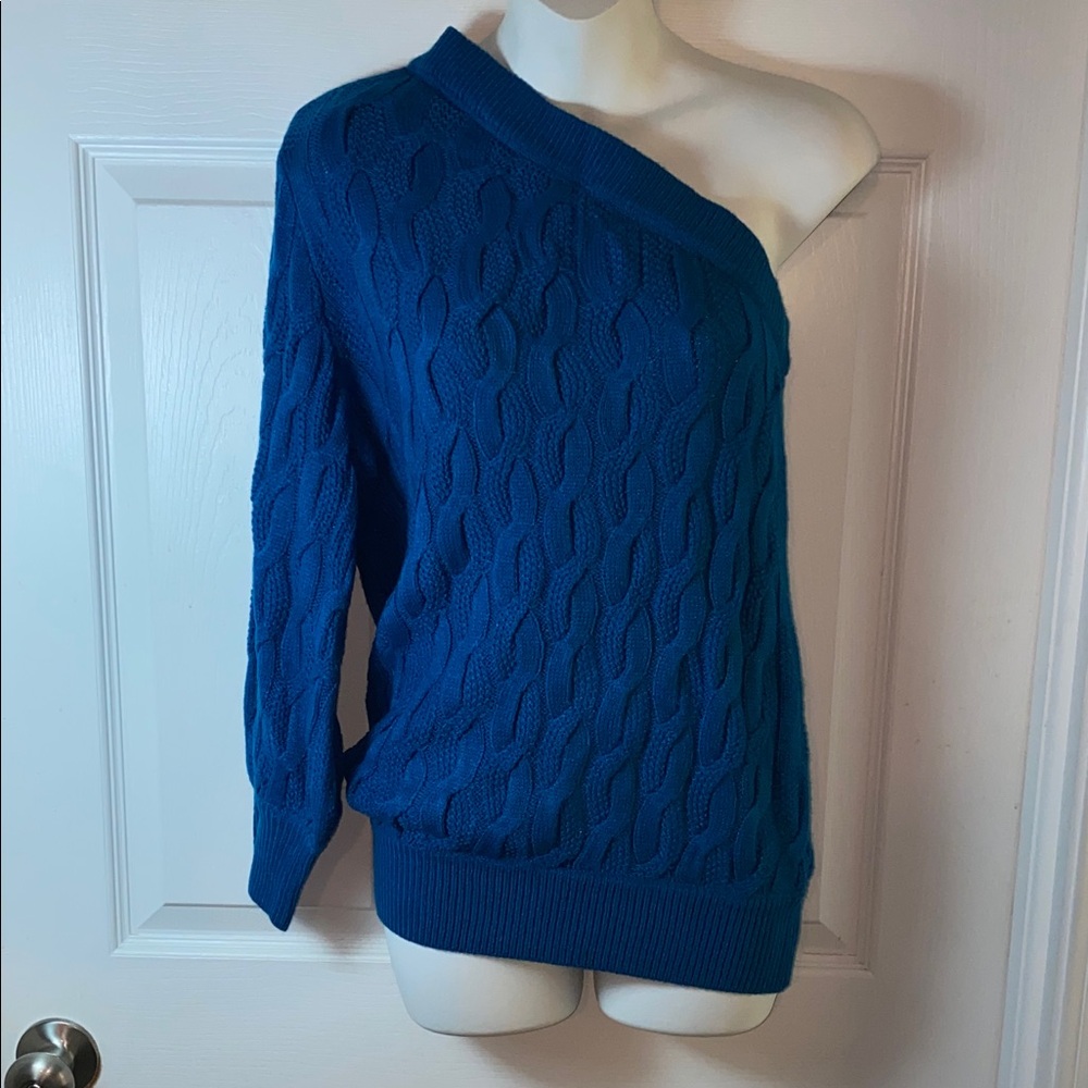New York & Company Off-Shoulder Blue Sweater Asymmetrical Neck Crochet